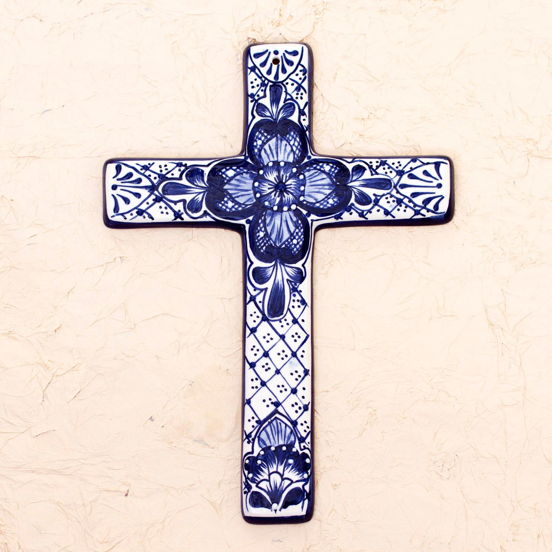 Hand Crafted Talavera Style Ceramic Wall Cross from Mexico - Talavera Flower