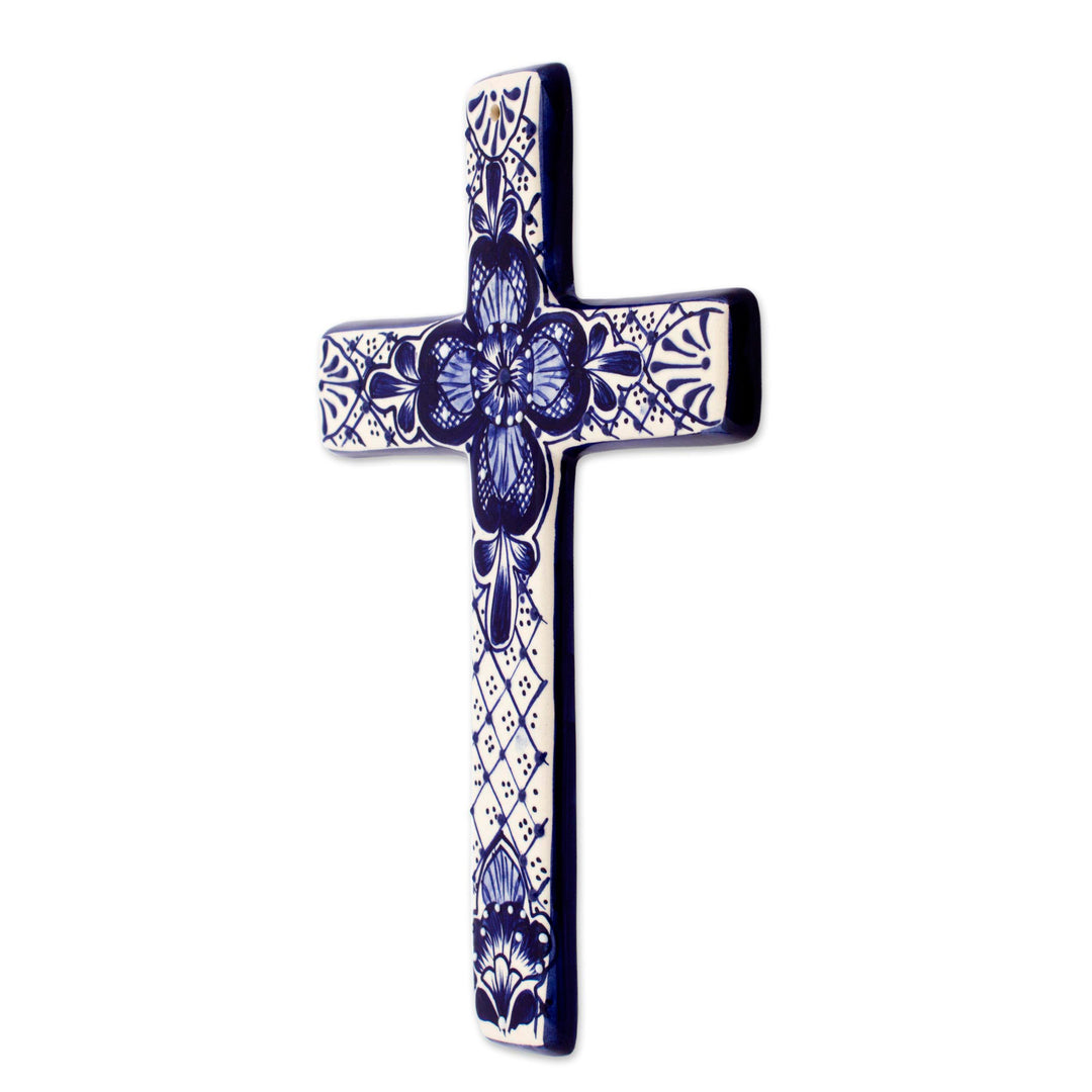 Hand Crafted Talavera Style Ceramic Wall Cross from Mexico - Talavera Flower