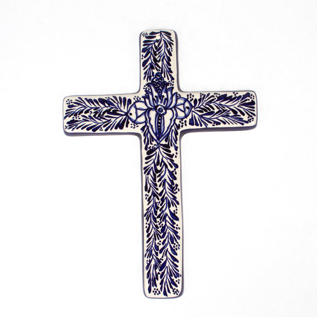 Blue and Ivory Artisan Crafted Ceramic Mexican Wall Cross - Blue Leaves
