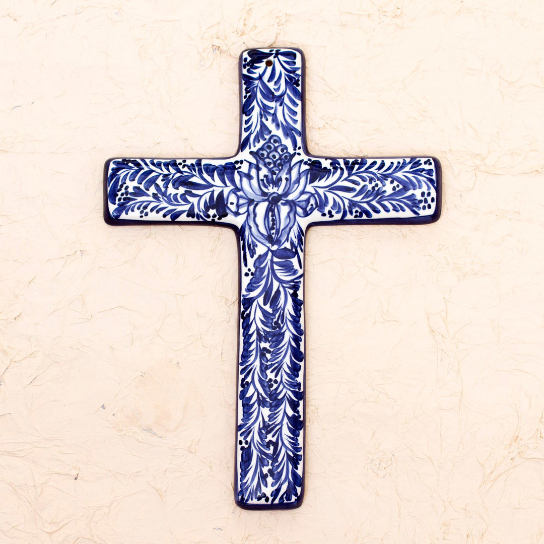 Blue and Ivory Artisan Crafted Ceramic Mexican Wall Cross - Blue Leaves