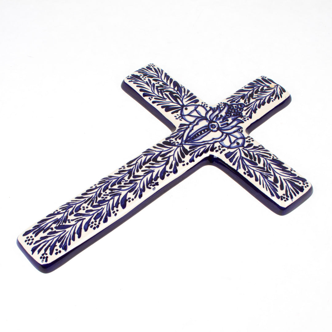 Blue and Ivory Artisan Crafted Ceramic Mexican Wall Cross - Blue Leaves