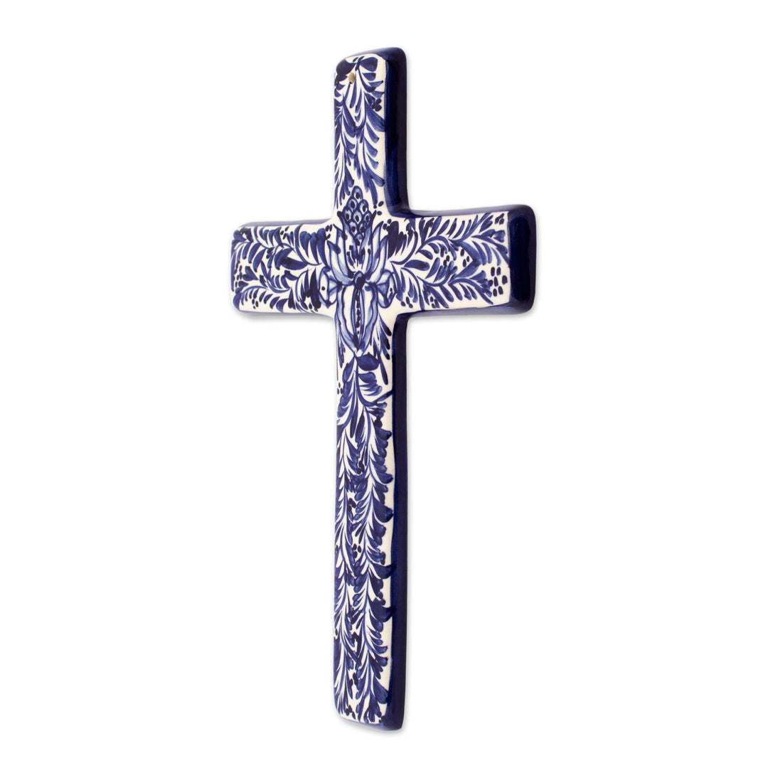 Blue and Ivory Artisan Crafted Ceramic Mexican Wall Cross - Blue Leaves