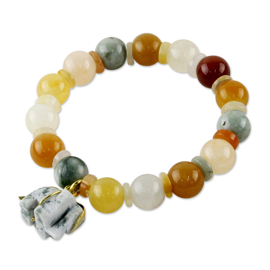 Beaded Jade and Quartz Bracelet with Elephant Charm - Elephant Remembrance