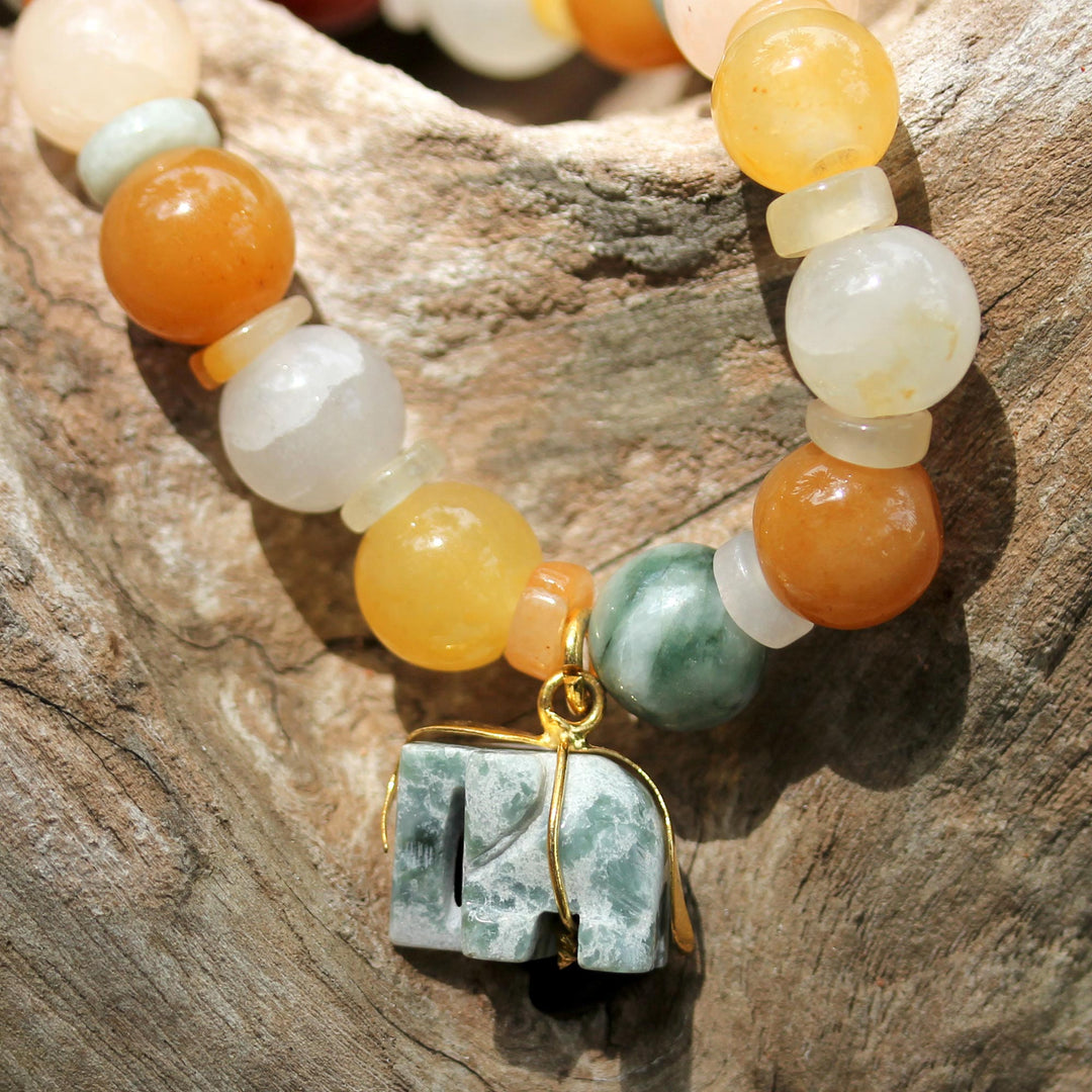 Beaded Jade and Quartz Bracelet with Elephant Charm - Elephant Remembrance