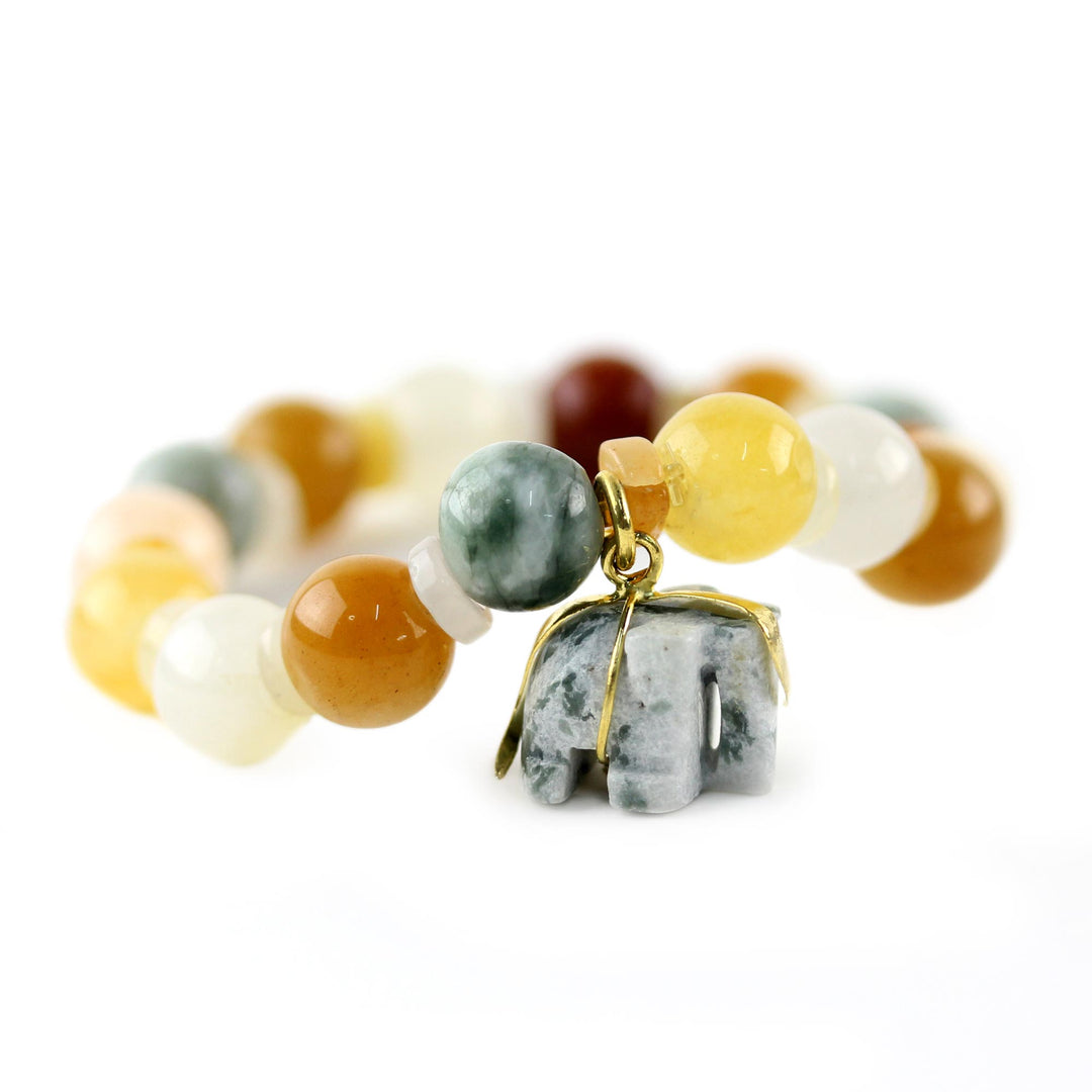 Beaded Jade and Quartz Bracelet with Elephant Charm - Elephant Remembrance