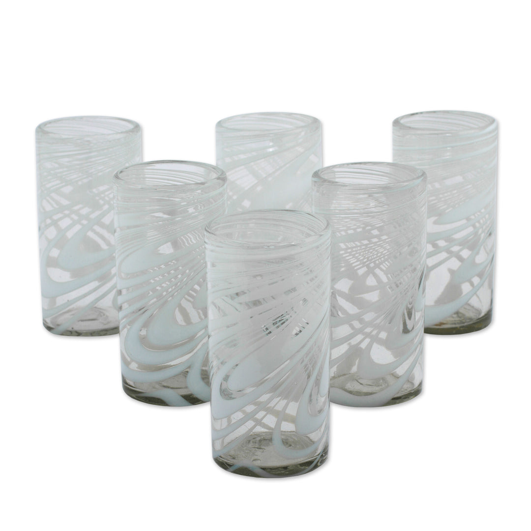 Set of 6 Blown Recycled White Highball Glasses from Mexico - Whirling White