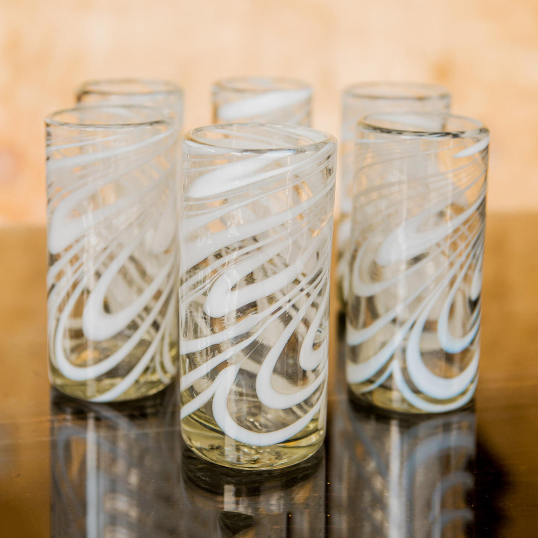 Set of 6 Blown Recycled White Highball Glasses from Mexico - Whirling White