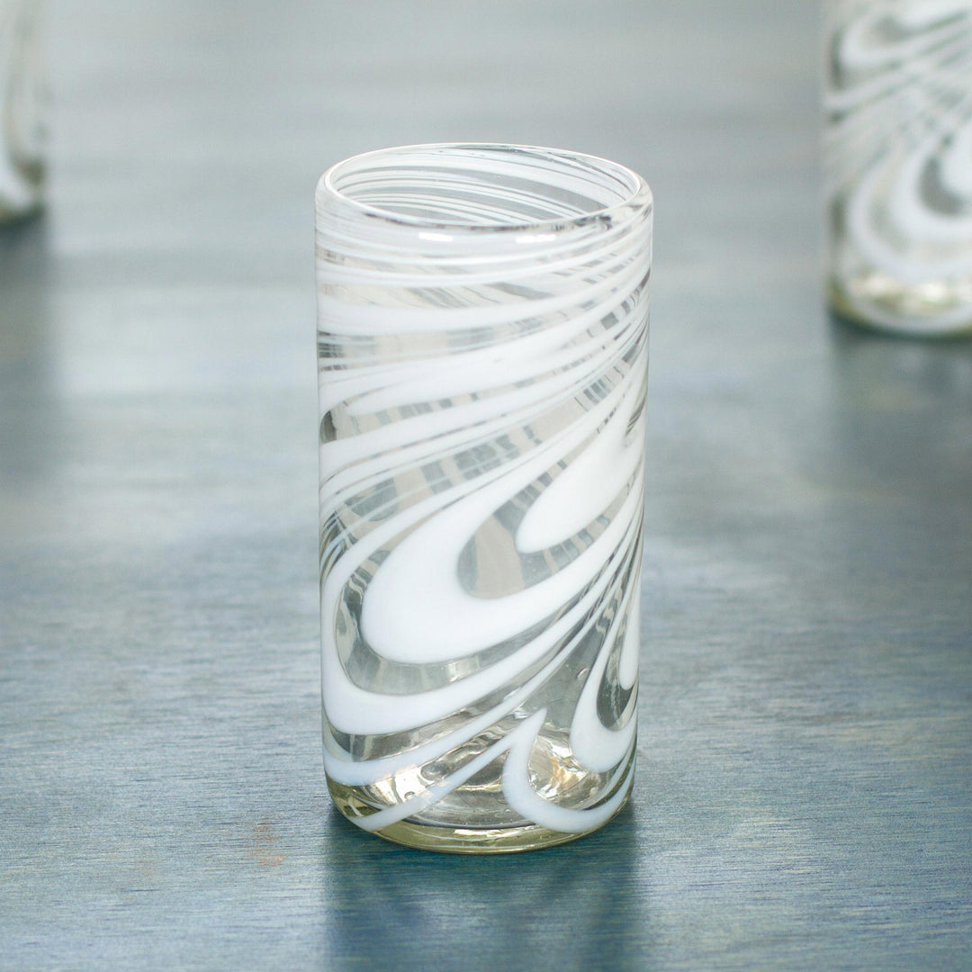 Set of 6 Blown Recycled White Highball Glasses from Mexico - Whirling White