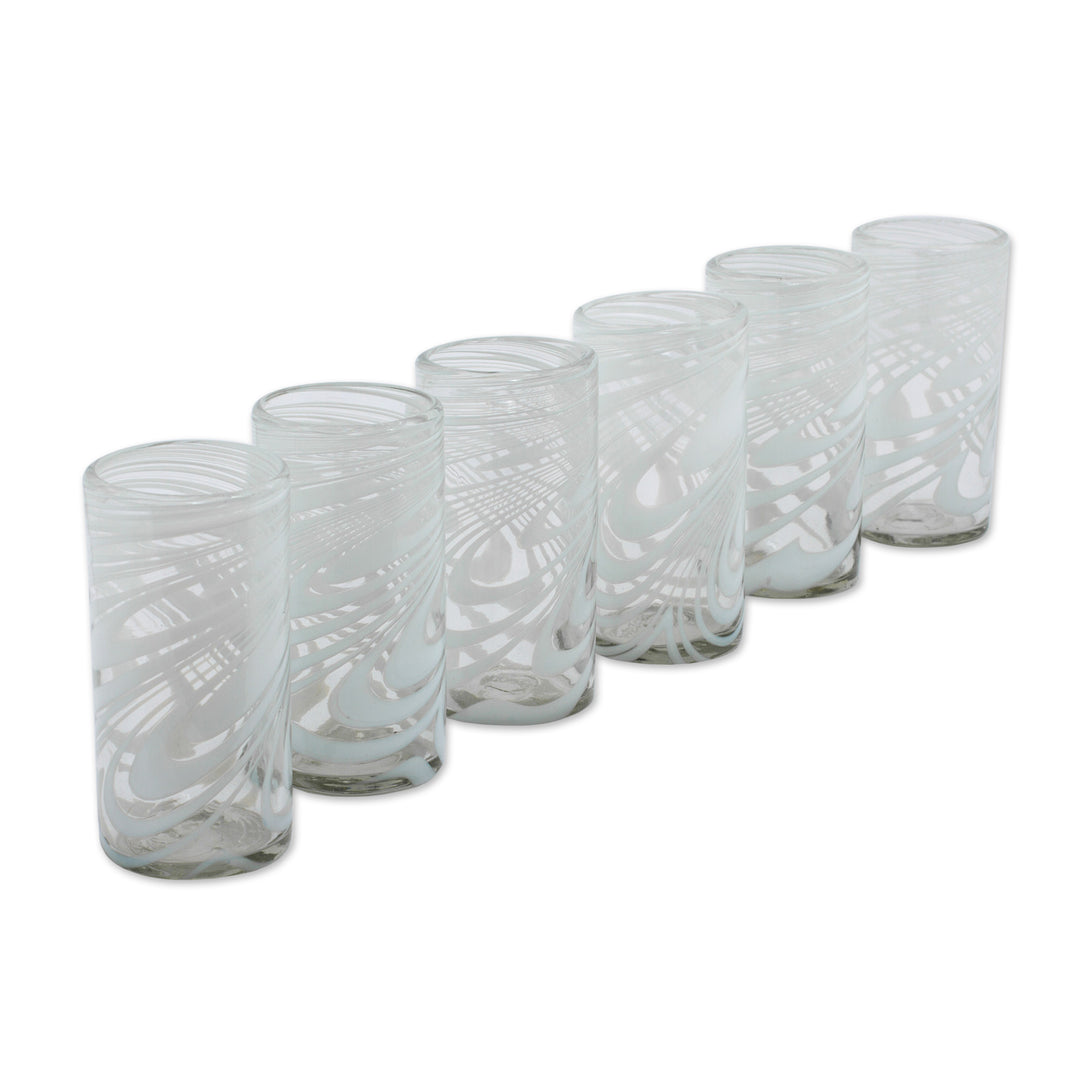 Set of 6 Blown Recycled White Highball Glasses from Mexico - Whirling White