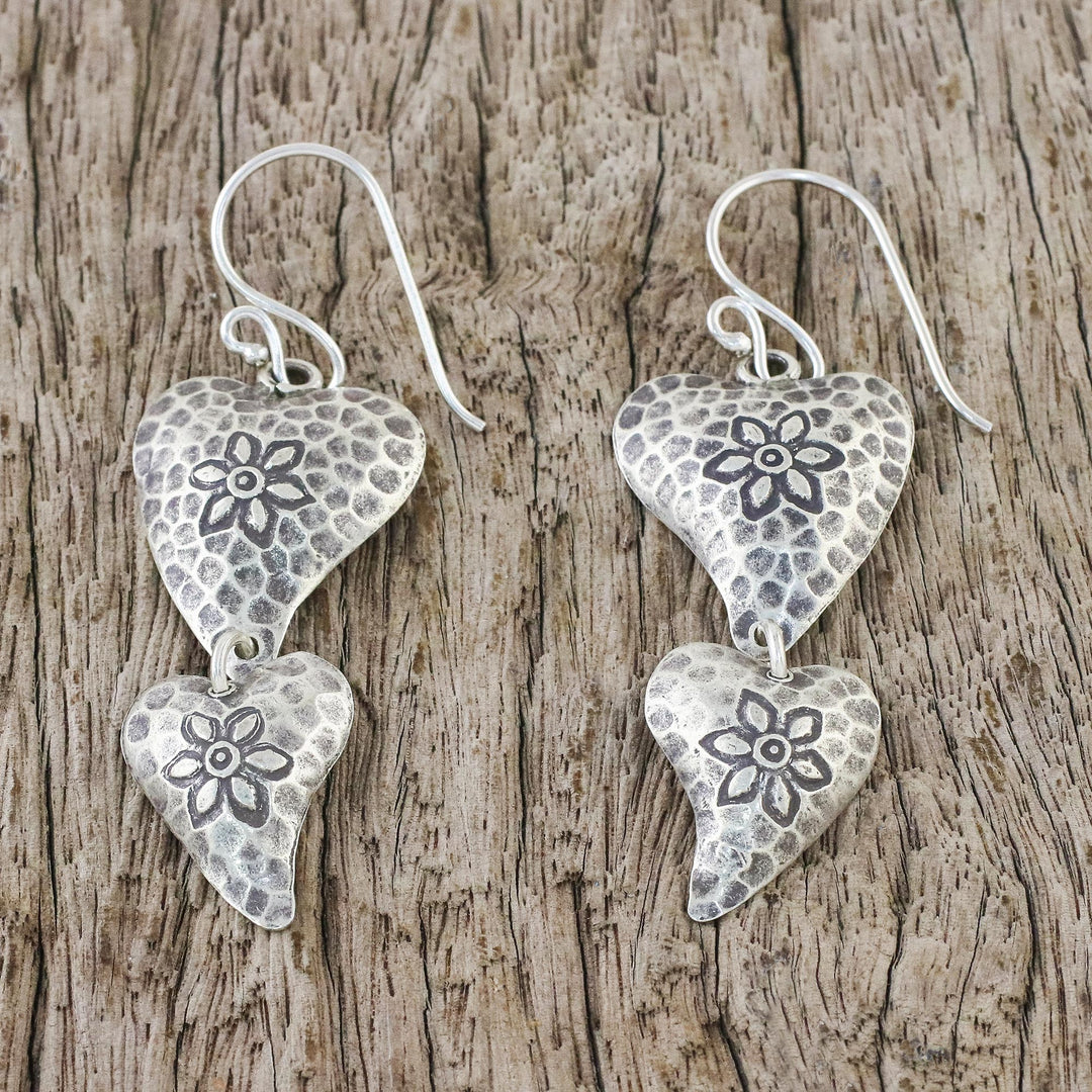 Floral Heart-Shaped Sterling Silver Earrings from Thailand - Flowering Love