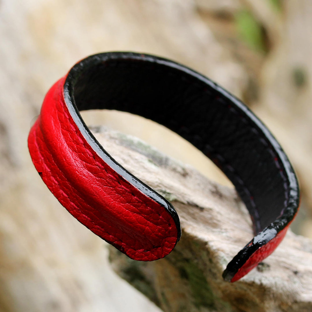 Hand Crafted Unisex Red Leather Cuff Bracelet from Thailand - Simply Red