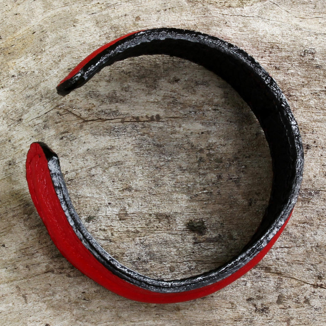 Hand Crafted Unisex Red Leather Cuff Bracelet from Thailand - Simply Red