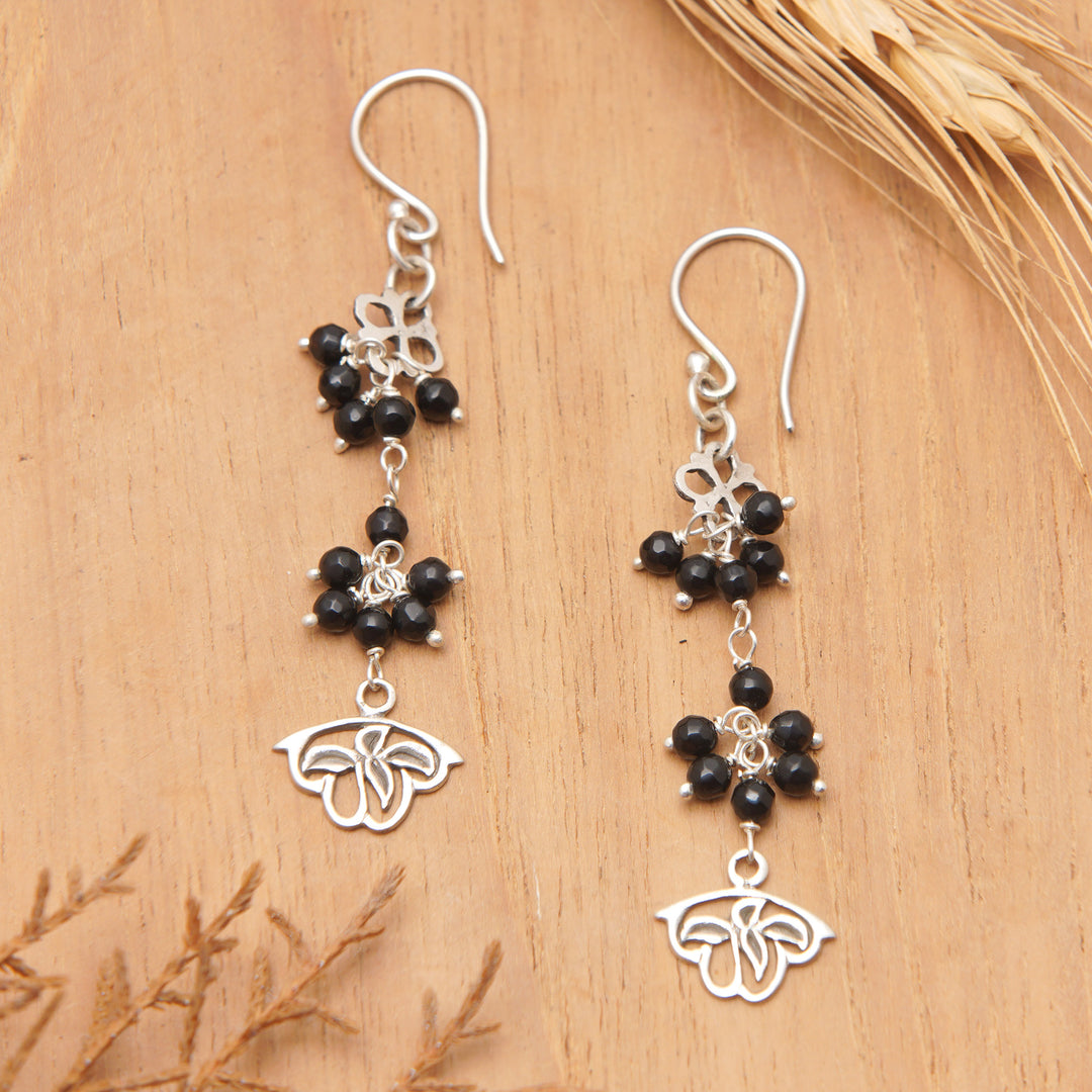 Onyx and Sterling Silver Floral Cluster Earrings from Bali - Midnight Petals
