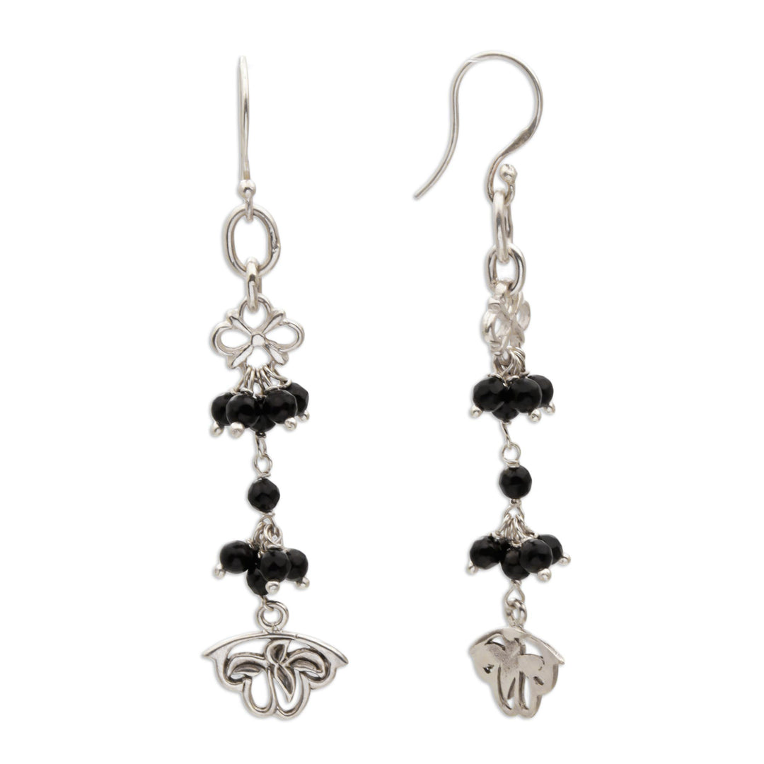Onyx and Sterling Silver Floral Cluster Earrings from Bali - Midnight Petals
