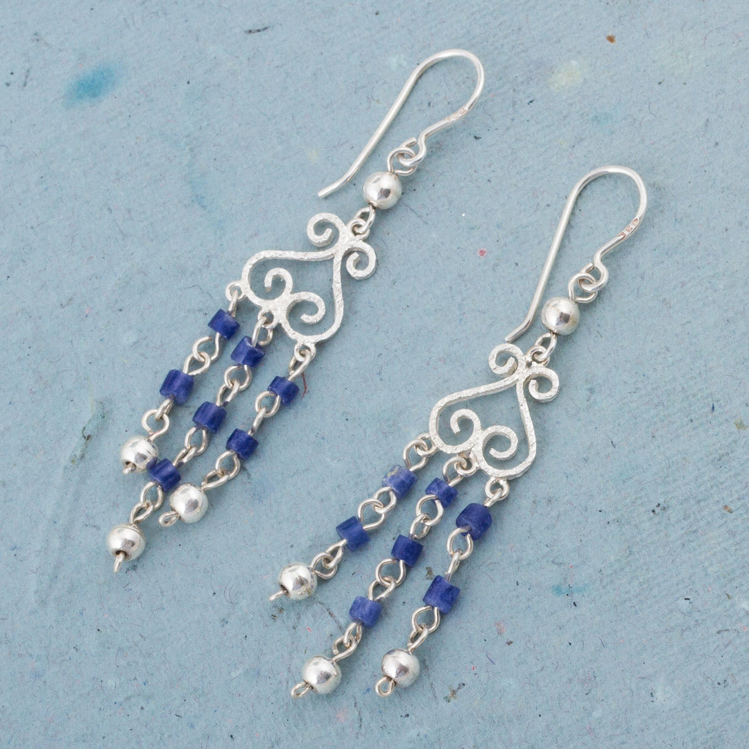 Sodalite and Sterling Silver Chandelier Earrings from Peru - Blue Curls