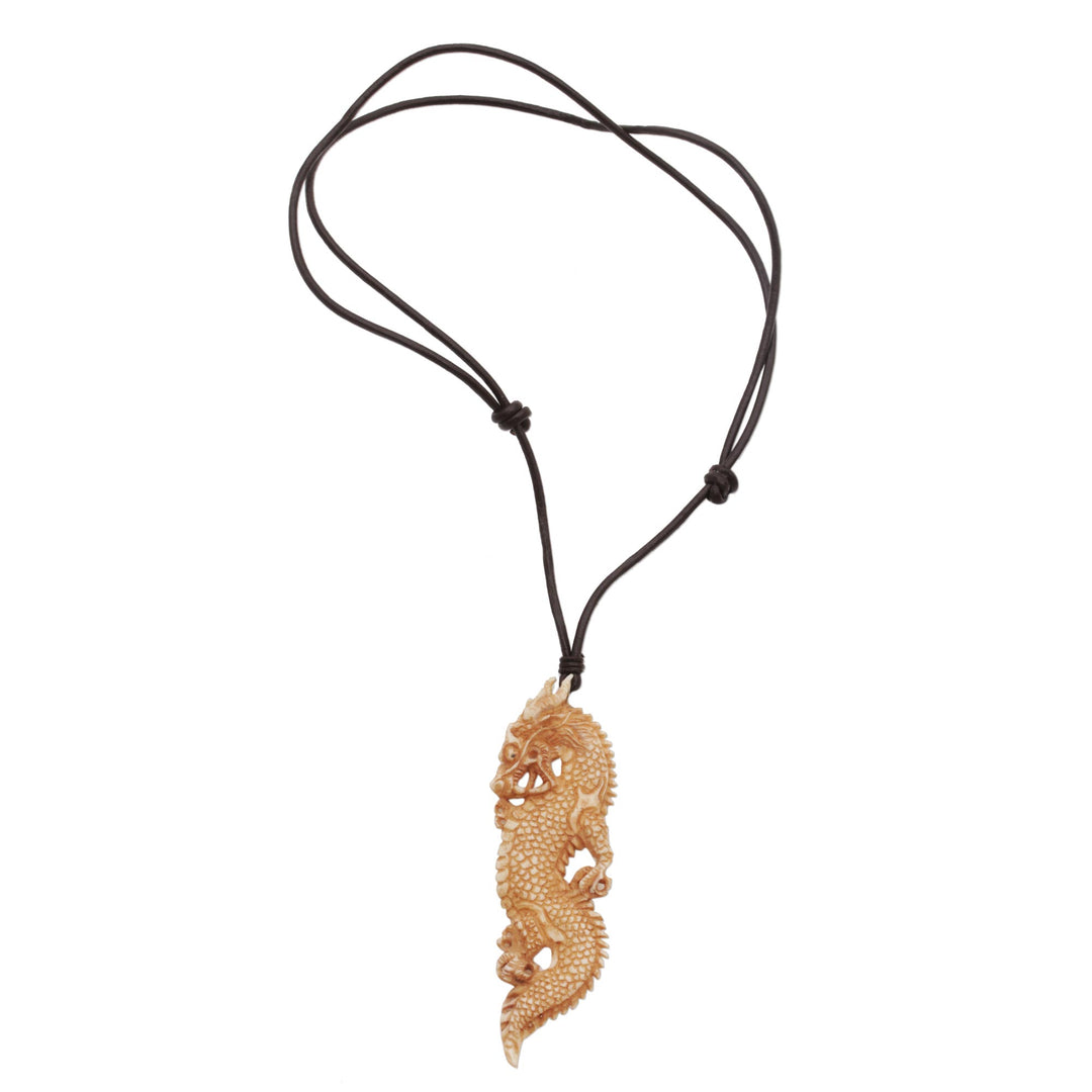 Bone and Leather Dragon Pendant Necklace from Indonesia - Thorny Dragon