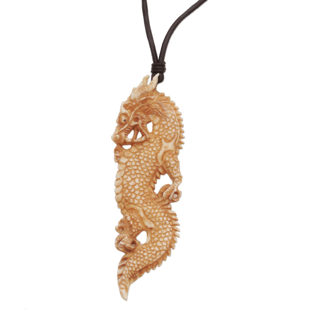Bone and Leather Dragon Pendant Necklace from Indonesia - Thorny Dragon