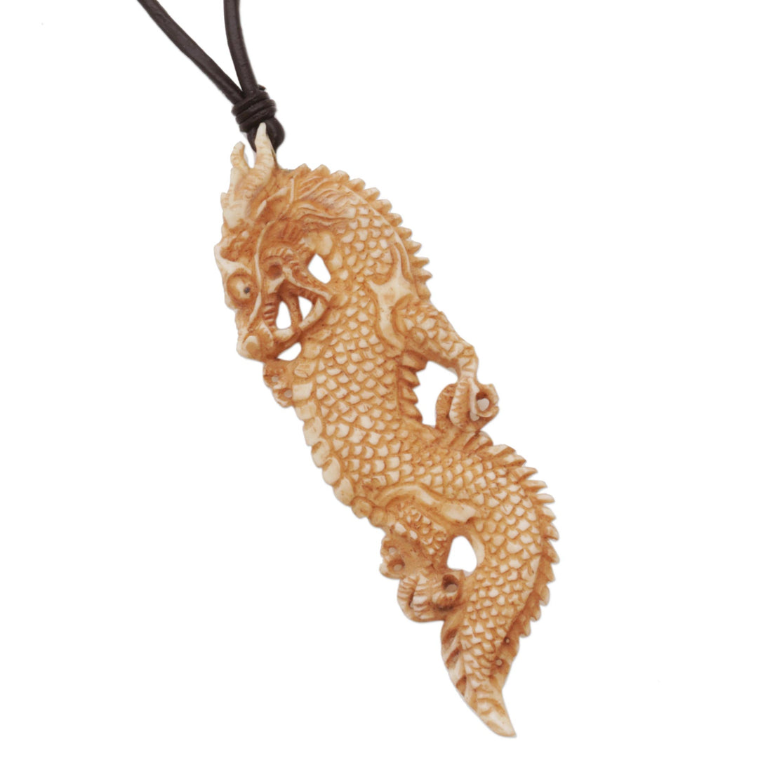 Bone and Leather Dragon Pendant Necklace from Indonesia - Thorny Dragon