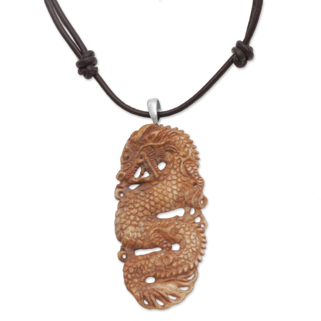 Bone and Leather Dragon Pendant Necklace from Indonesia - Snarling Dragon