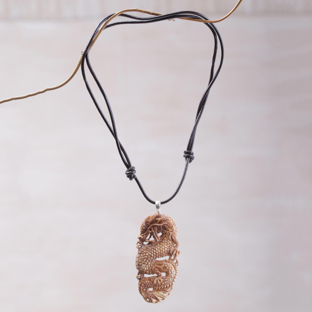 Bone and Leather Dragon Pendant Necklace from Indonesia - Snarling Dragon