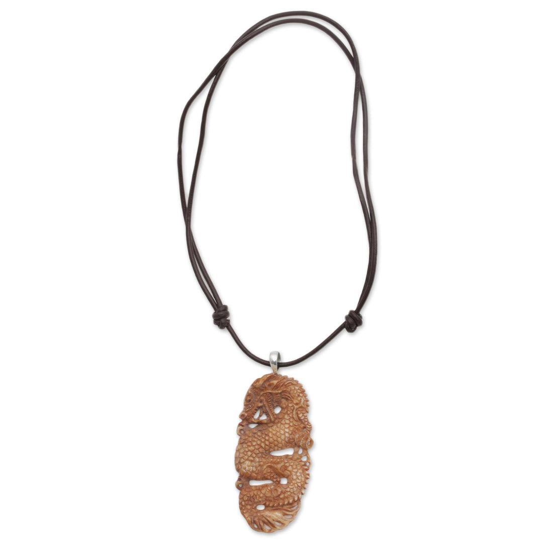 Bone and Leather Dragon Pendant Necklace from Indonesia - Snarling Dragon