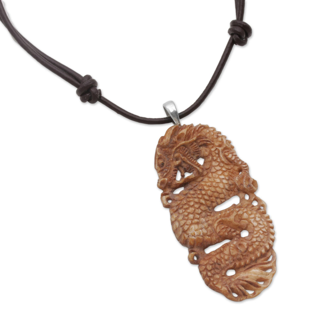Bone and Leather Dragon Pendant Necklace from Indonesia - Snarling Dragon