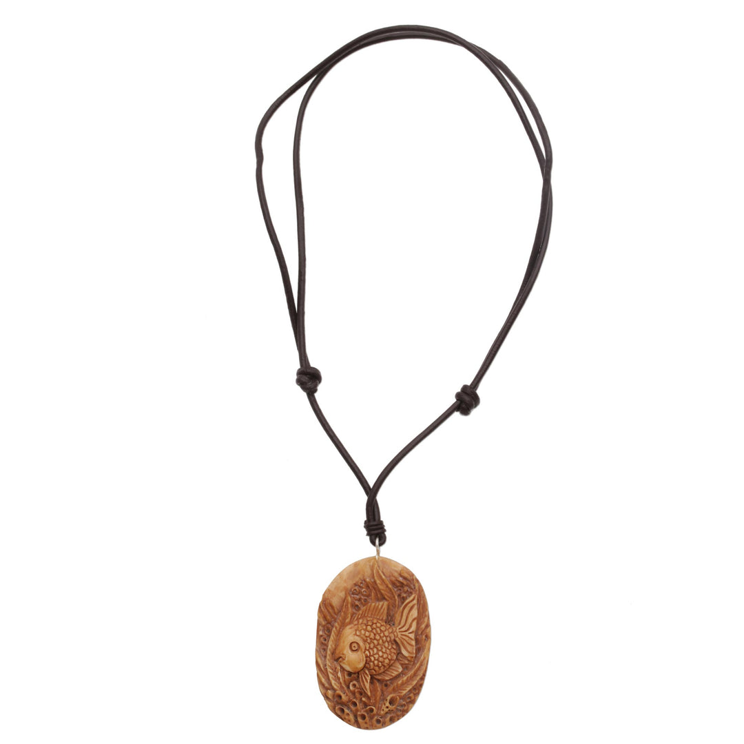 Bone and Leather Sea Life Pendant Necklace from Indonesia - Sea Dweller