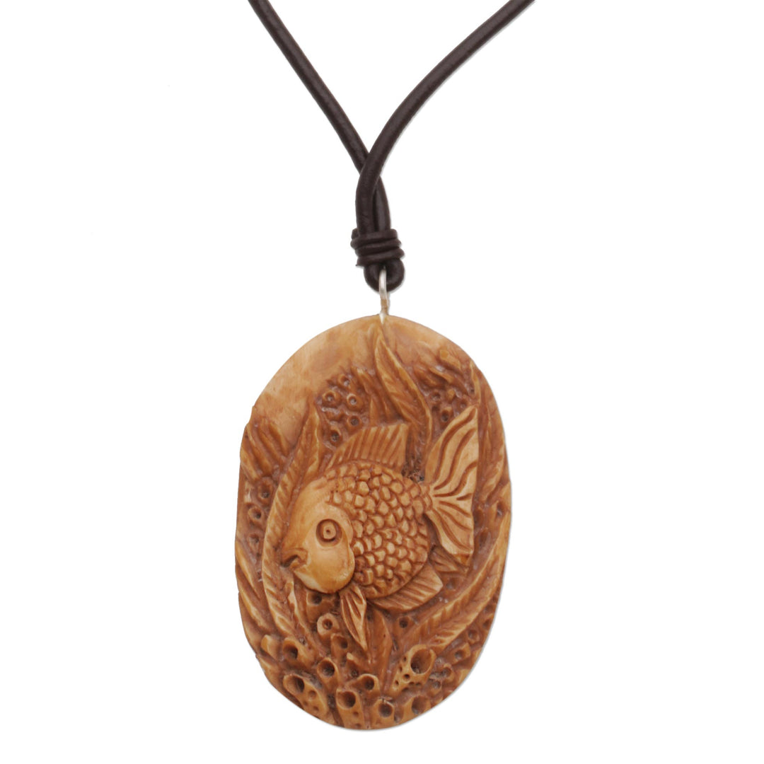 Bone and Leather Sea Life Pendant Necklace from Indonesia - Sea Dweller
