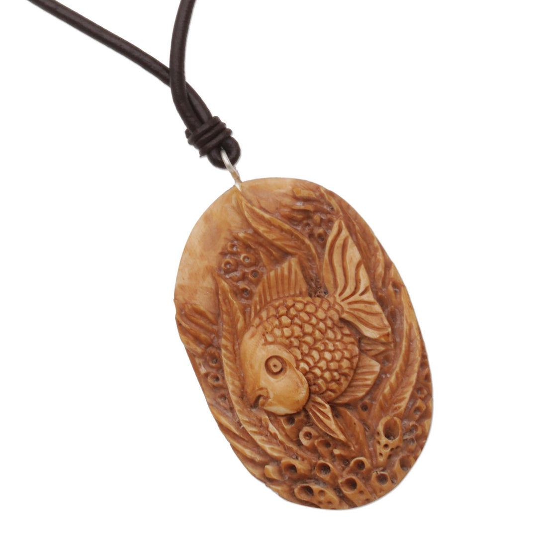 Bone and Leather Sea Life Pendant Necklace from Indonesia - Sea Dweller
