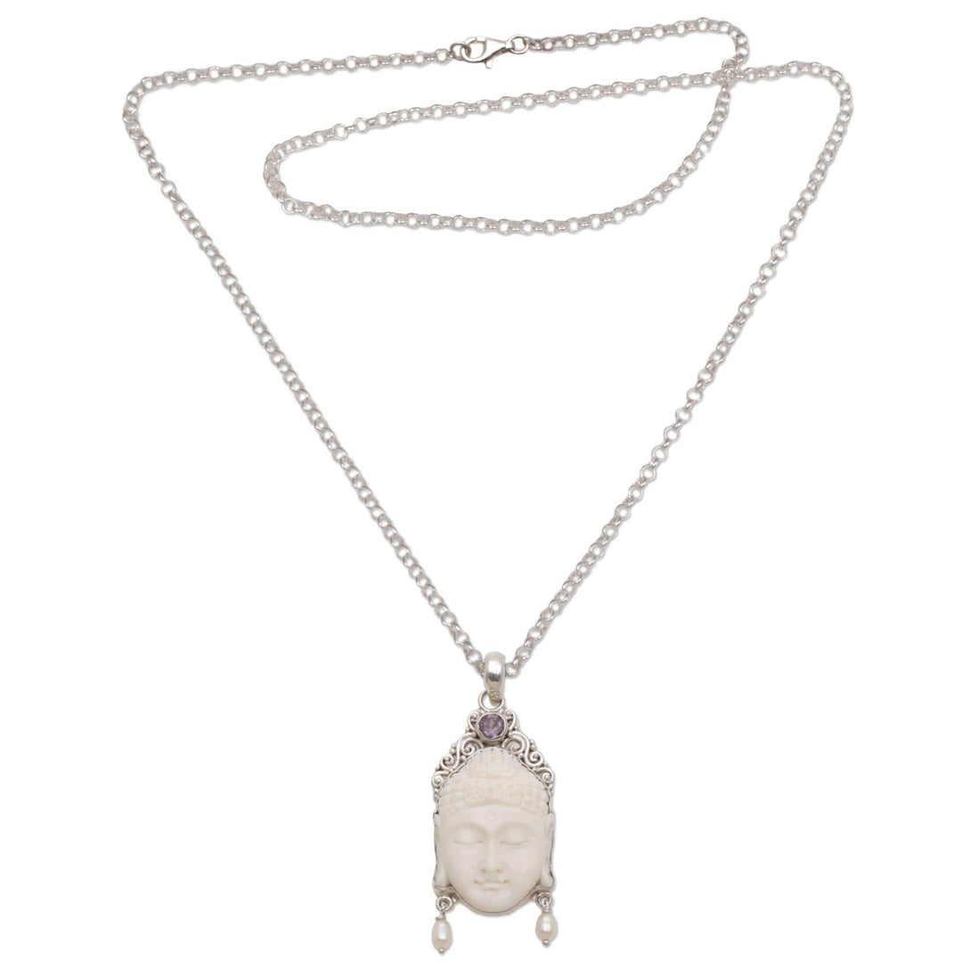Amethyst Cultured Pearl and Bone Buddha Pendant Necklace - Blessed Buddha