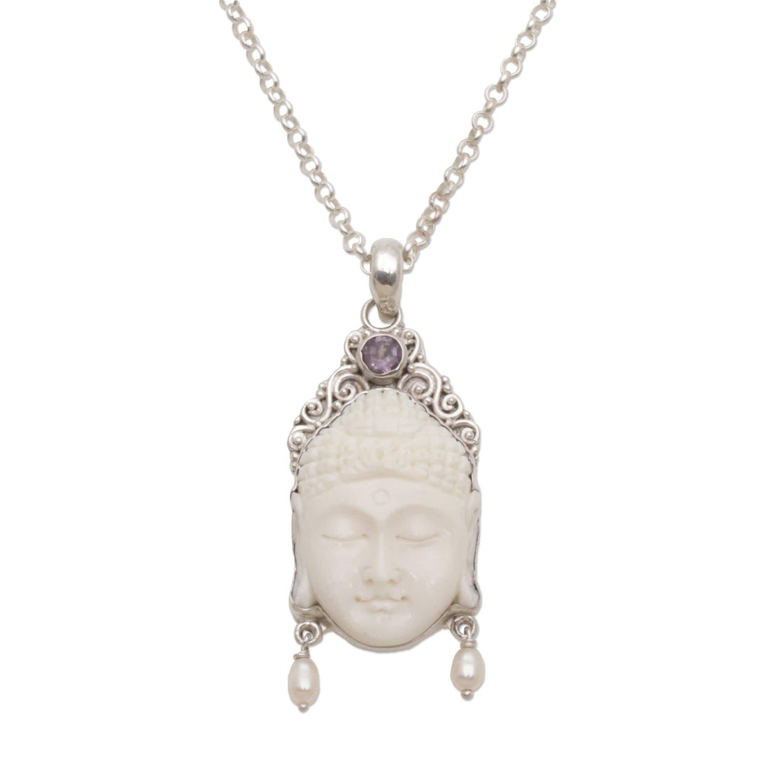 Amethyst Cultured Pearl and Bone Buddha Pendant Necklace - Blessed Buddha