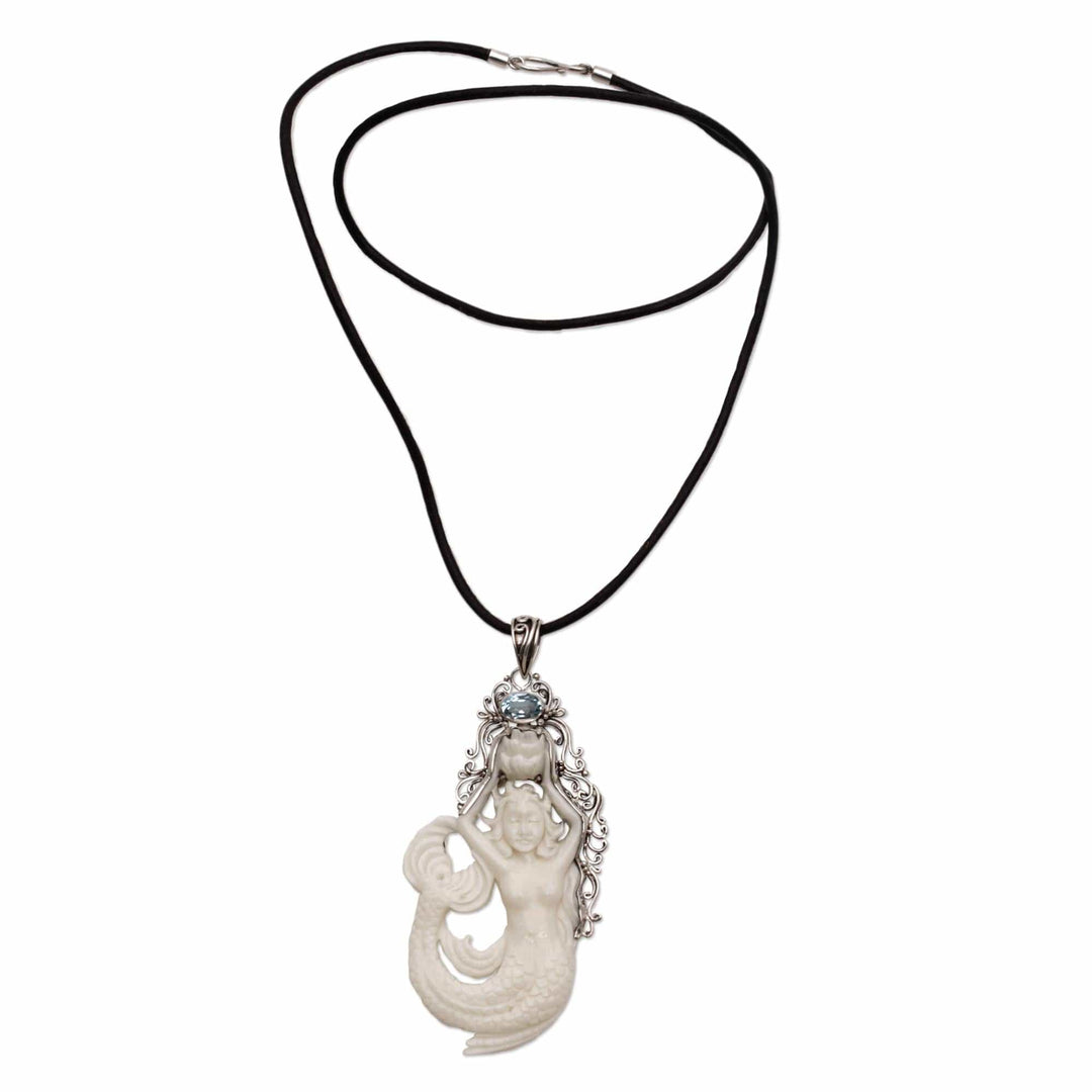 Blue Topaz Sterling Silver and Bone Mermaid Pendant Necklace - Mermaid Fantasy