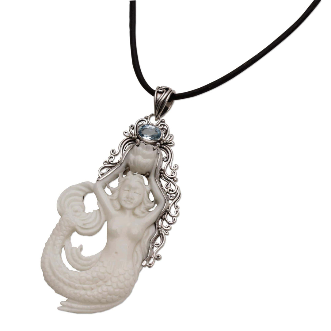 Blue Topaz Sterling Silver and Bone Mermaid Pendant Necklace - Mermaid Fantasy