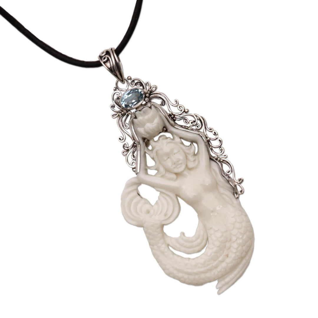 Blue Topaz Sterling Silver and Bone Mermaid Pendant Necklace - Mermaid Fantasy