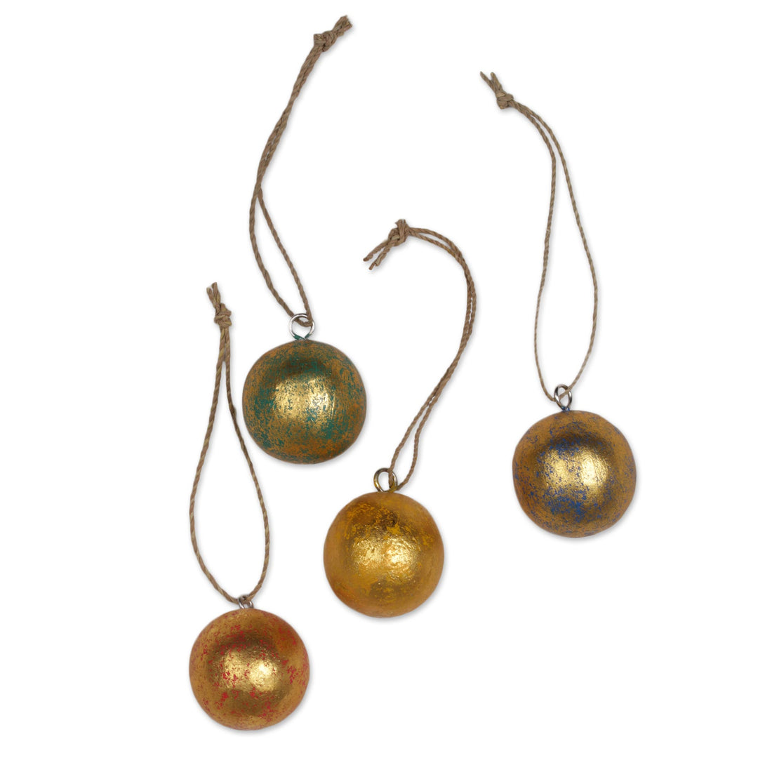 Four Round Gold Tone Albesia Wood Ornaments from Bali - Golden Baubles