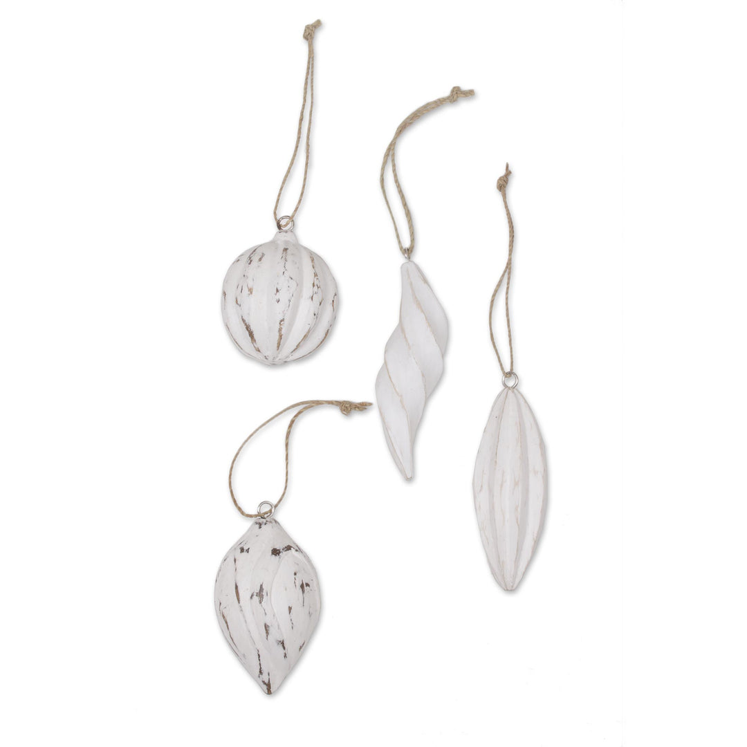 Four White Distressed Albesia Wood Ornaments from Bali - Holiday Ambassadors