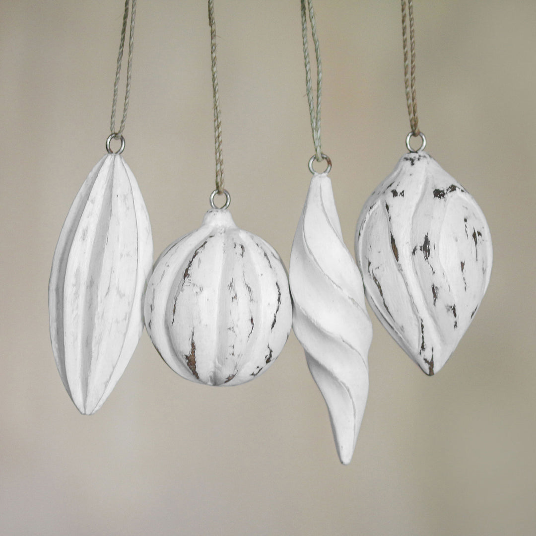 Four White Distressed Albesia Wood Ornaments from Bali - Holiday Ambassadors