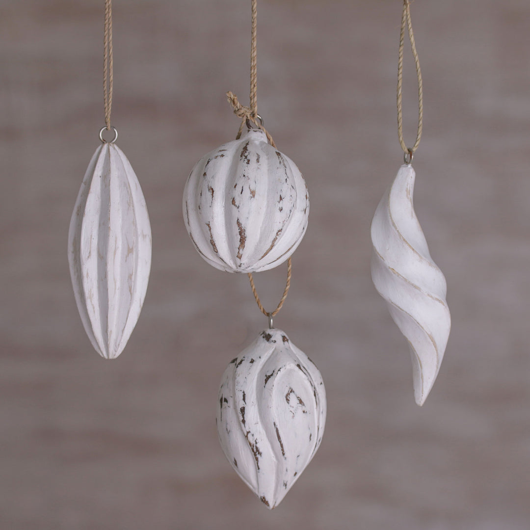 Four White Distressed Albesia Wood Ornaments from Bali - Holiday Ambassadors