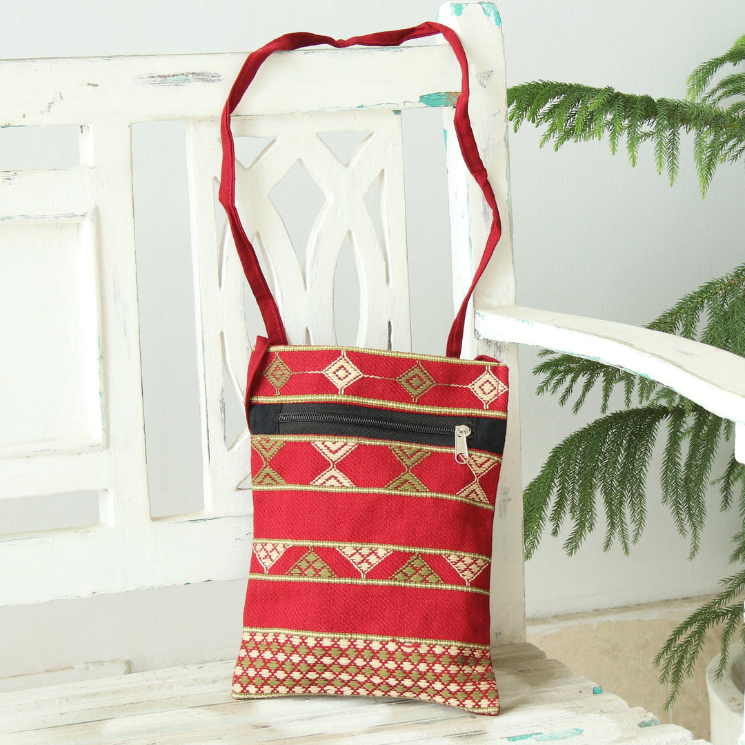 Deep Red Olive and Yellow Hand Woven Passport Bag from India - Kaleidoscope Traveler