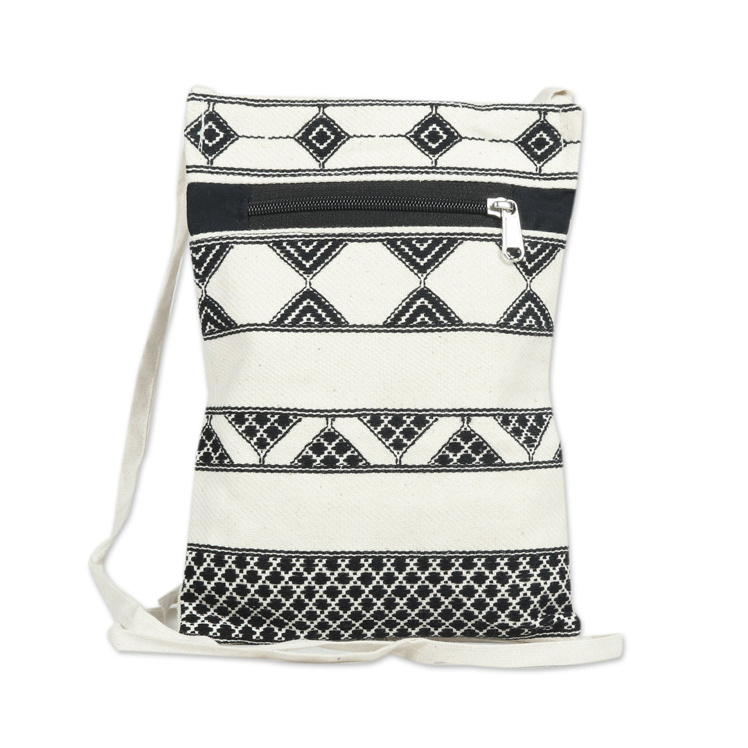 Light Beige and Black Hand Woven Passport Bag from India - Kaleidoscope Traveler in Ivory