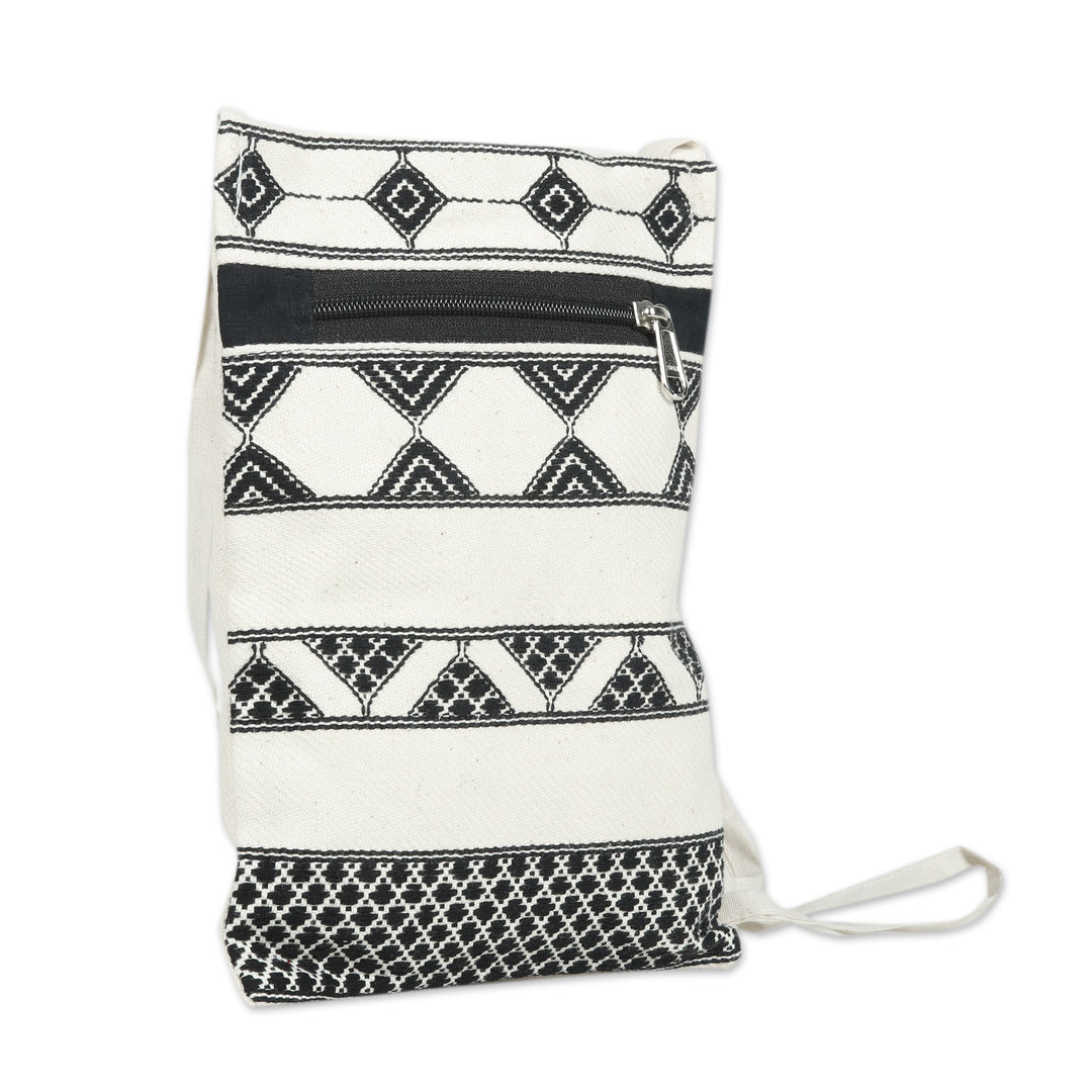 Light Beige and Black Hand Woven Passport Bag from India - Kaleidoscope Traveler in Ivory