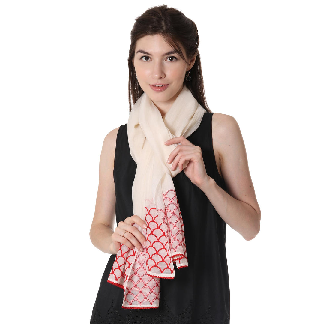 Cotton and Silk Blend Indian Shawl in Natural and Strawberry - Strawberry Picnic