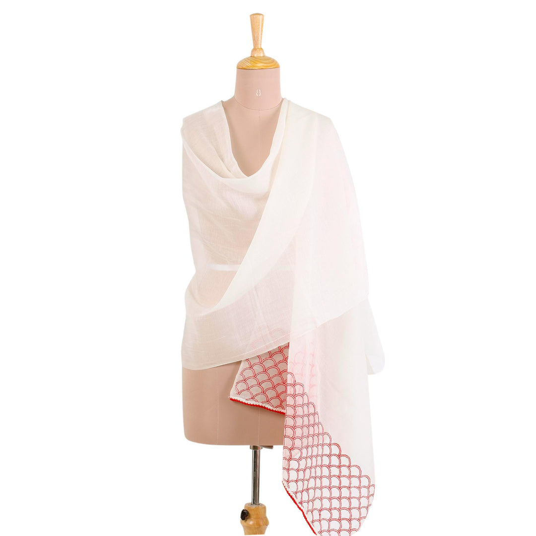 Cotton and Silk Blend Indian Shawl in Natural and Strawberry - Strawberry Picnic