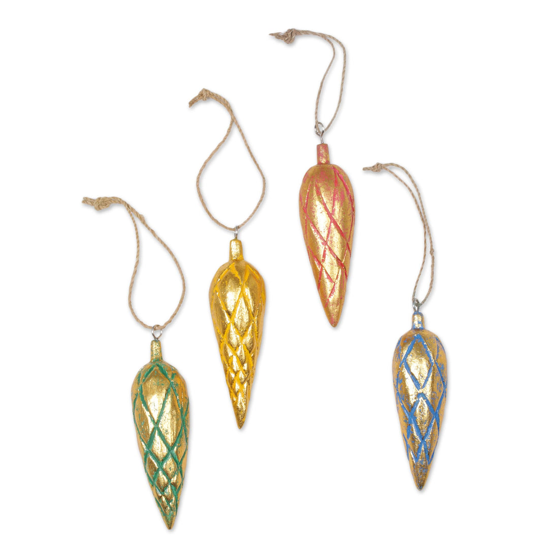 Four Handcrafted Gold Tone Albesia Wood Ornaments from Bali - Golden Cones