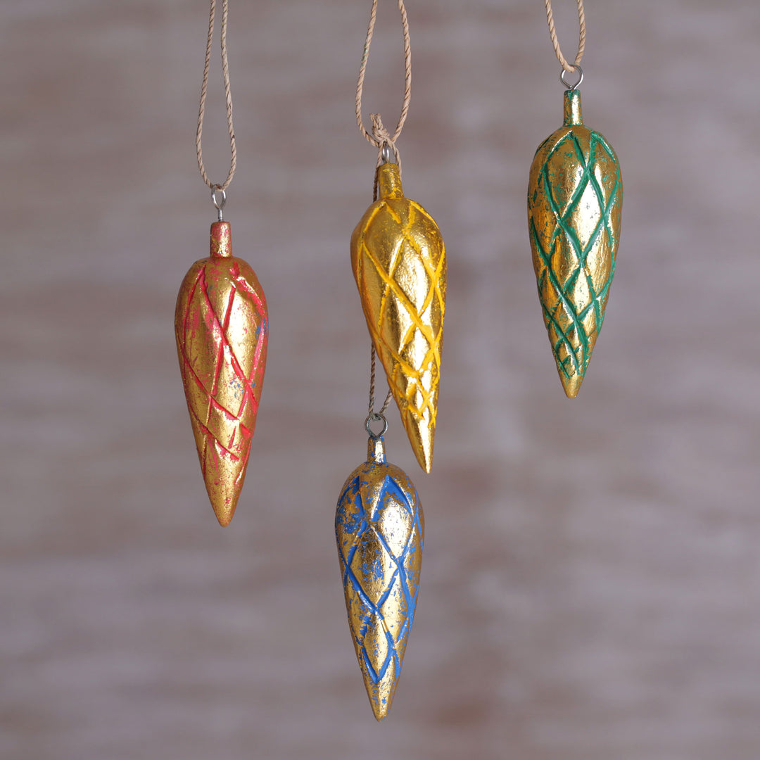 Four Handcrafted Gold Tone Albesia Wood Ornaments from Bali - Golden Cones