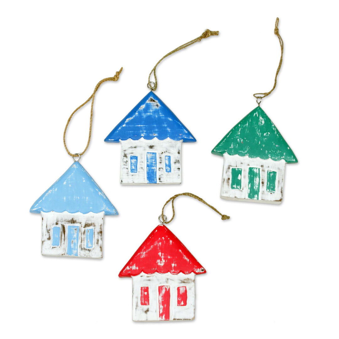 Four Albesia Wood Distressed House Ornaments from Bali - Festive Home