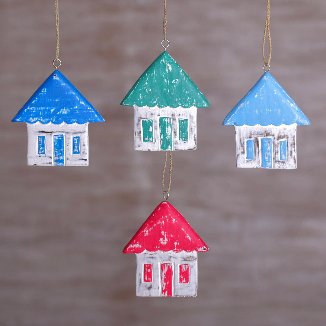 Four Albesia Wood Distressed House Ornaments from Bali - Festive Home