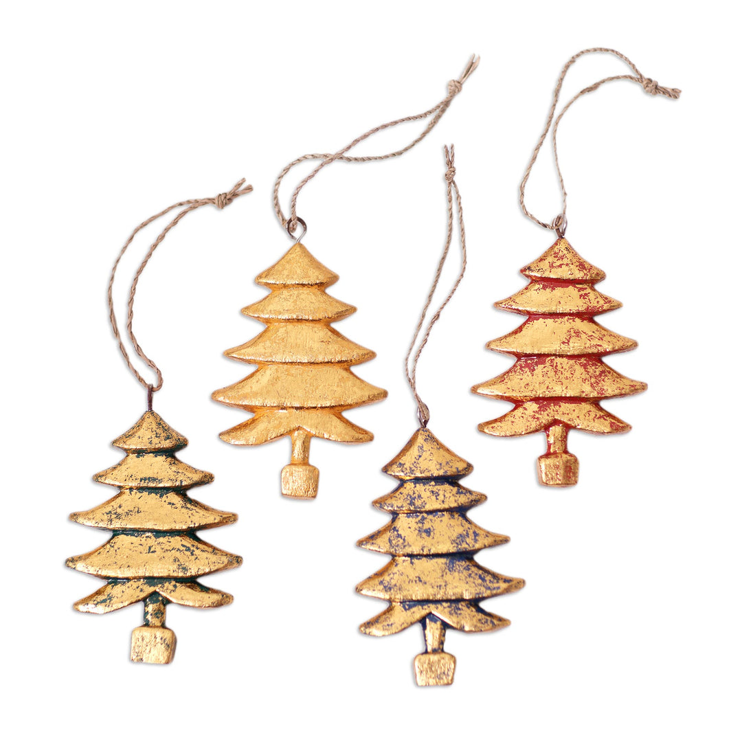 Four Gold Tone Albesia Wood Tree Ornaments from Bali - Golden Trees