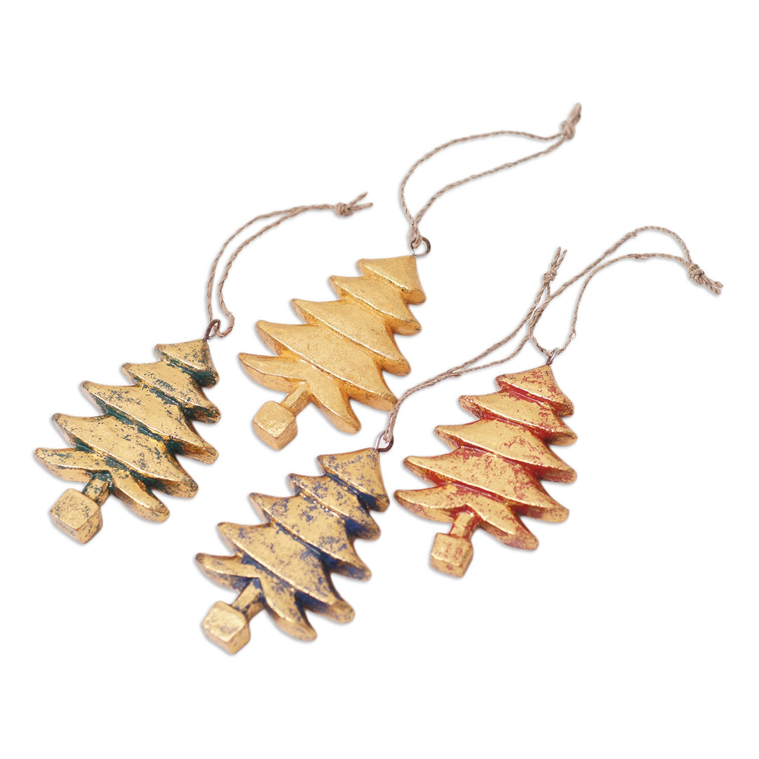 Four Gold Tone Albesia Wood Tree Ornaments from Bali - Golden Trees