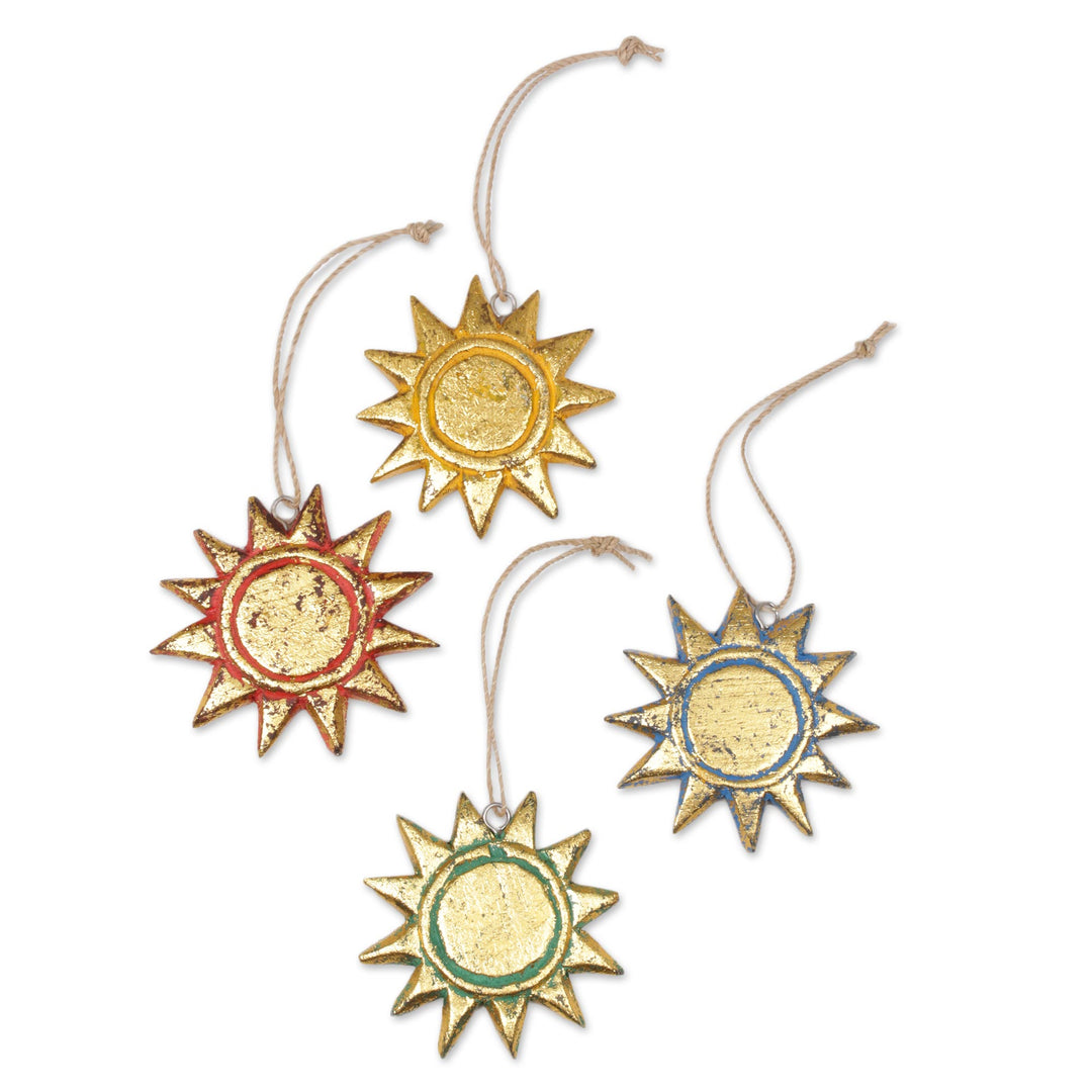 Four Gold Tone Albesia Wood Sun Ornaments from Bali - Sunny Holiday